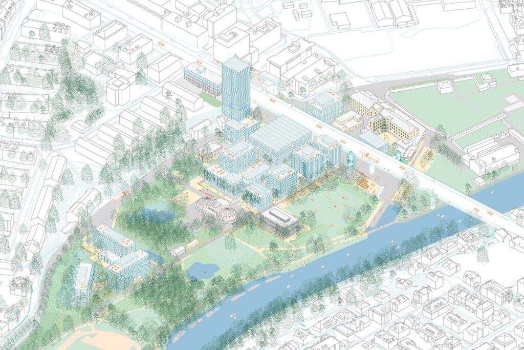 Gaswerkareal: Visualisierung Richtprojekt / Holzhausen Zweifel, rk Studio Camponovo Baumgarnter, Eder Landschaftsarchitekten, Rombo. Es wird ein Übersichtsplan über die geplanten Bauprojekte im Gaswerkareal gezeigt.